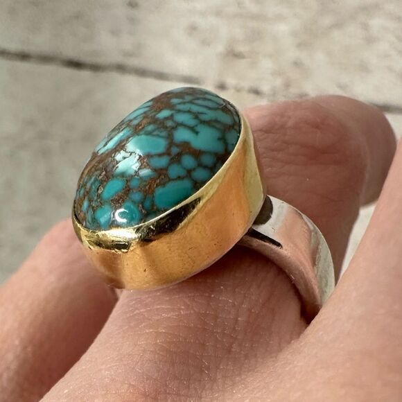 Vintage 18k Sterling Mix Metal Turquoise Ring - Picture 2 of 9